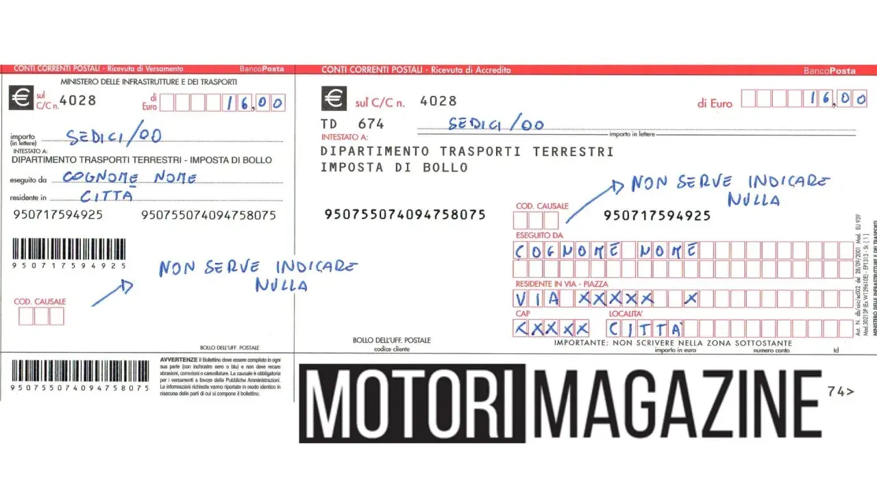 Bollettini patente B privatista: versamento imposta di bollo per pratiche auto. Importo 16,00 euro.