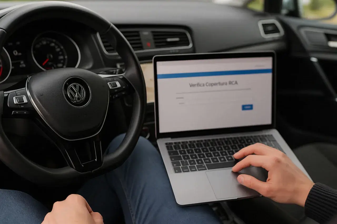 Controllo RCA tramite banca dati ANIA targhe, con laptop sul volante.