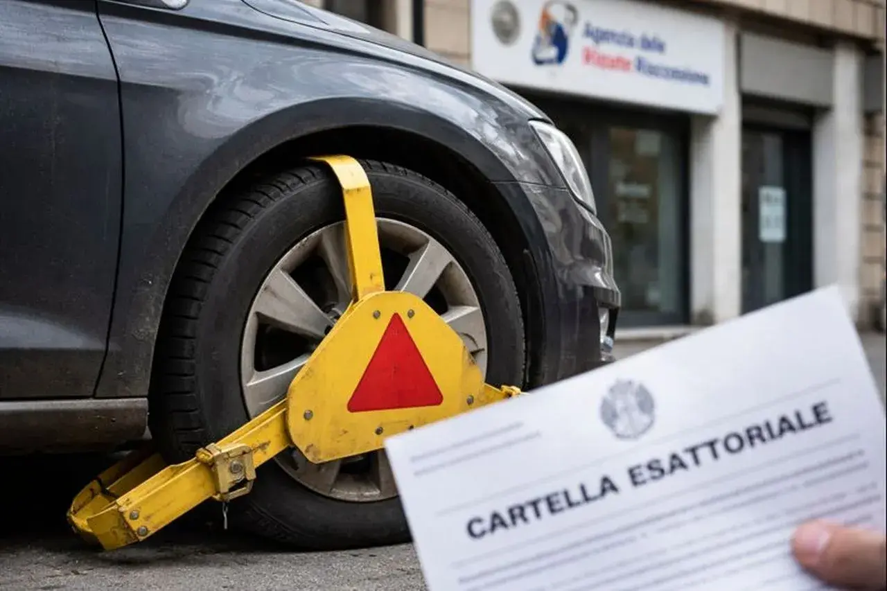 Auto bloccata con ganascia e cartella esattoriale in primo piano. Scopri i trucchi per togliere fermo amministrativo auto.