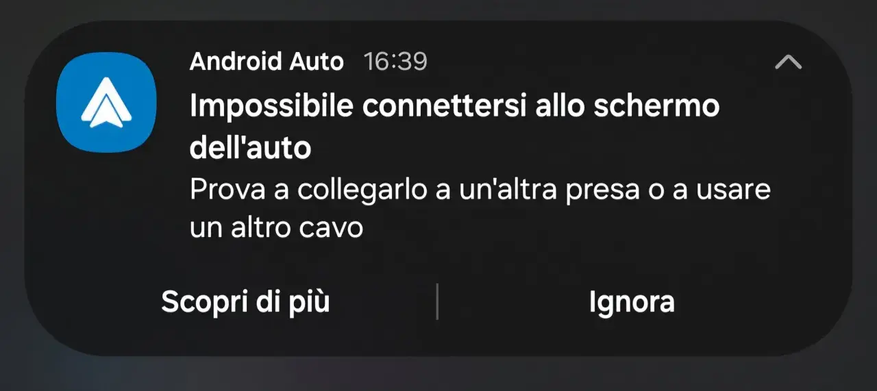 Notifica Android Auto: impossibile connettersi. Per attivare Android Auto, prova a collegare un altro cavo o usa un'altra presa.