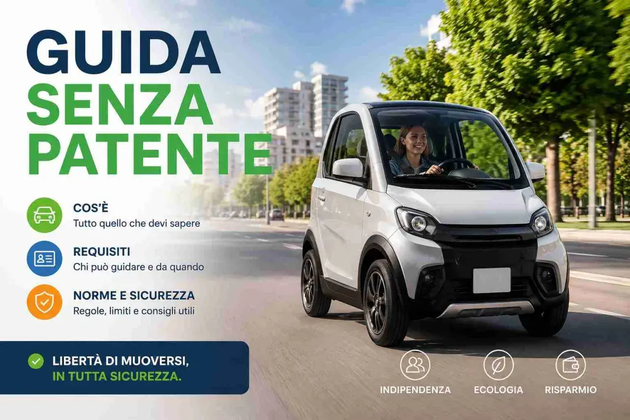 Donna sorridente guida un'auto bianca, promuovendo la libertà di movimento: guida senza patente, con requisiti e norme di sicurezza.
