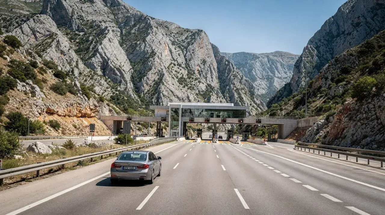 Un'auto attraversa un casello autostradale tra montagne rocciose. Calcolare quanto costa andare in Croazia in macchina è fondamentale per pianificare il viaggio.