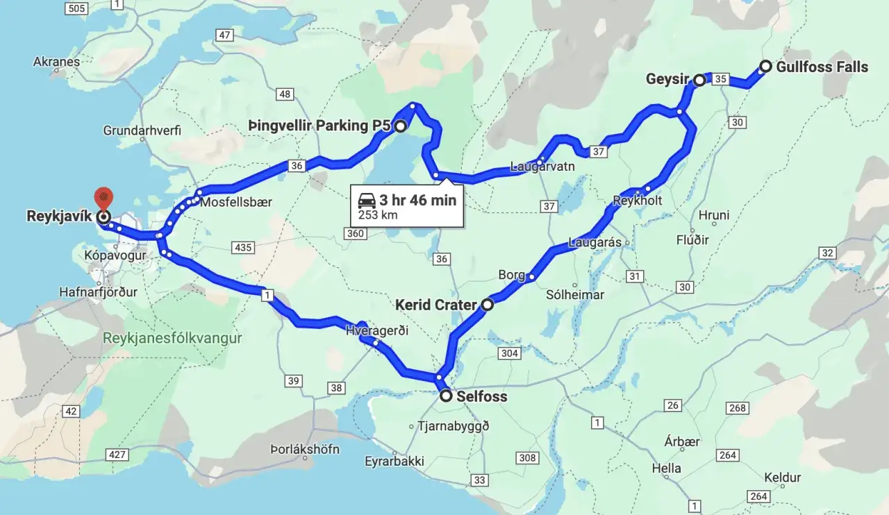 Mappa del tour in auto in Islanda da Reykjavík a Geysir, Gullfoss e Kerid Crater. Quanto costa andare in Croazia in macchina? Questo itinerario di 253 km in 3h 46m è un'idea per un viaggio.