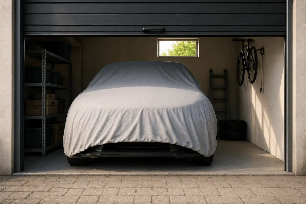 Garage con auto coperta, bici appesa e scaffali. Un'immagine che evoca un futuro passaggio assicurazione senza vendita, proteggendo il valore.