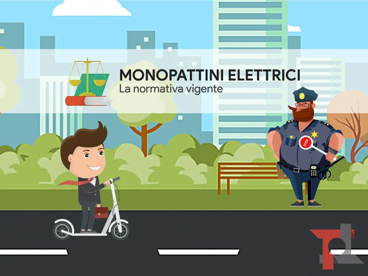 Un uomo in monopattino elettrico incontra un poliziotto. La grafica illustra le regole monopattino elettrico.