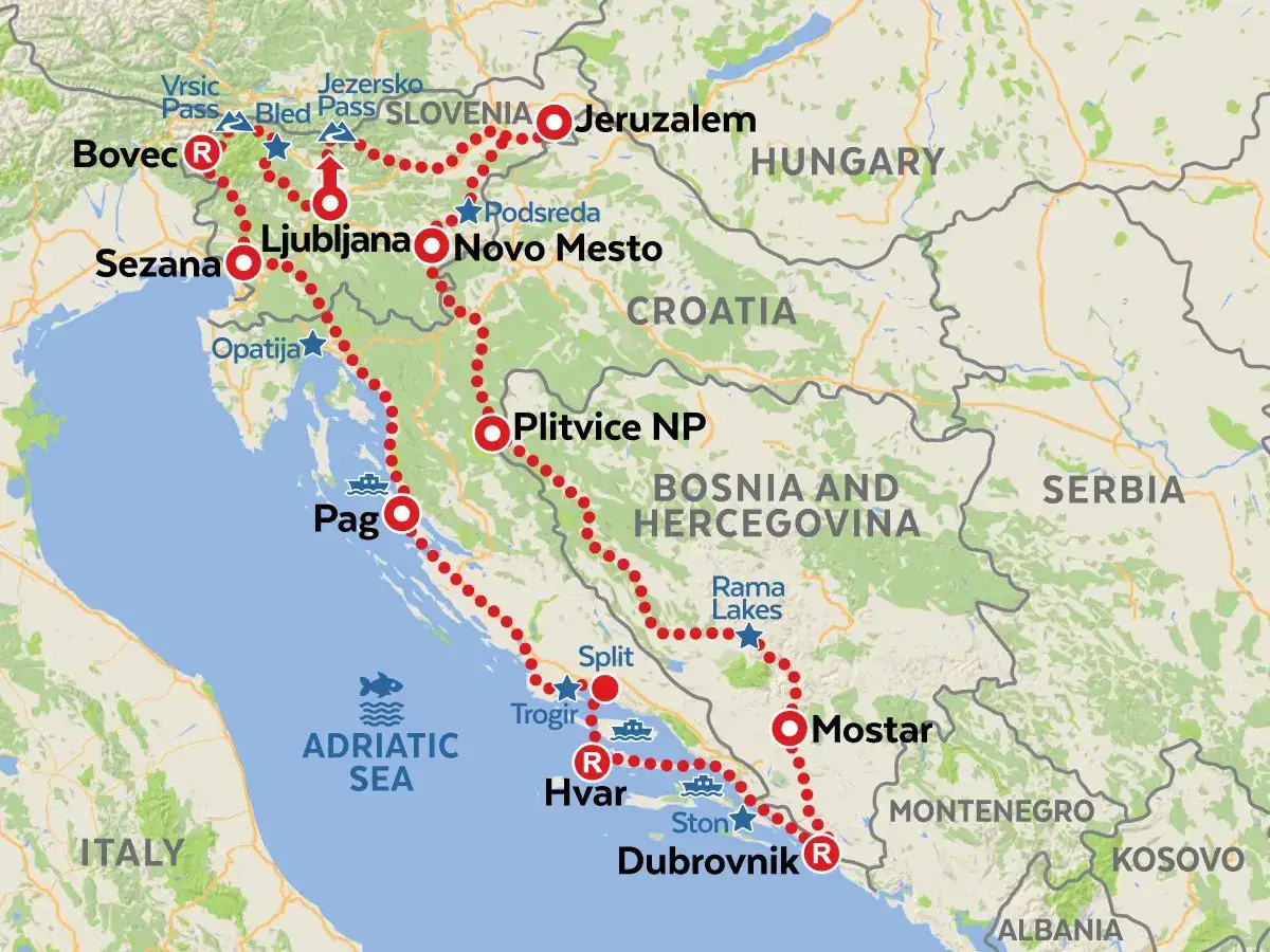 Mappa di un itinerario che parte da Bovec, attraversa la Slovenia (Ljubljana, Novo Mesto) e prosegue in Croazia (Plitvice, Pag, Hvar, Dubrovnik). Per andare in Croazia serve la vignetta slovena.