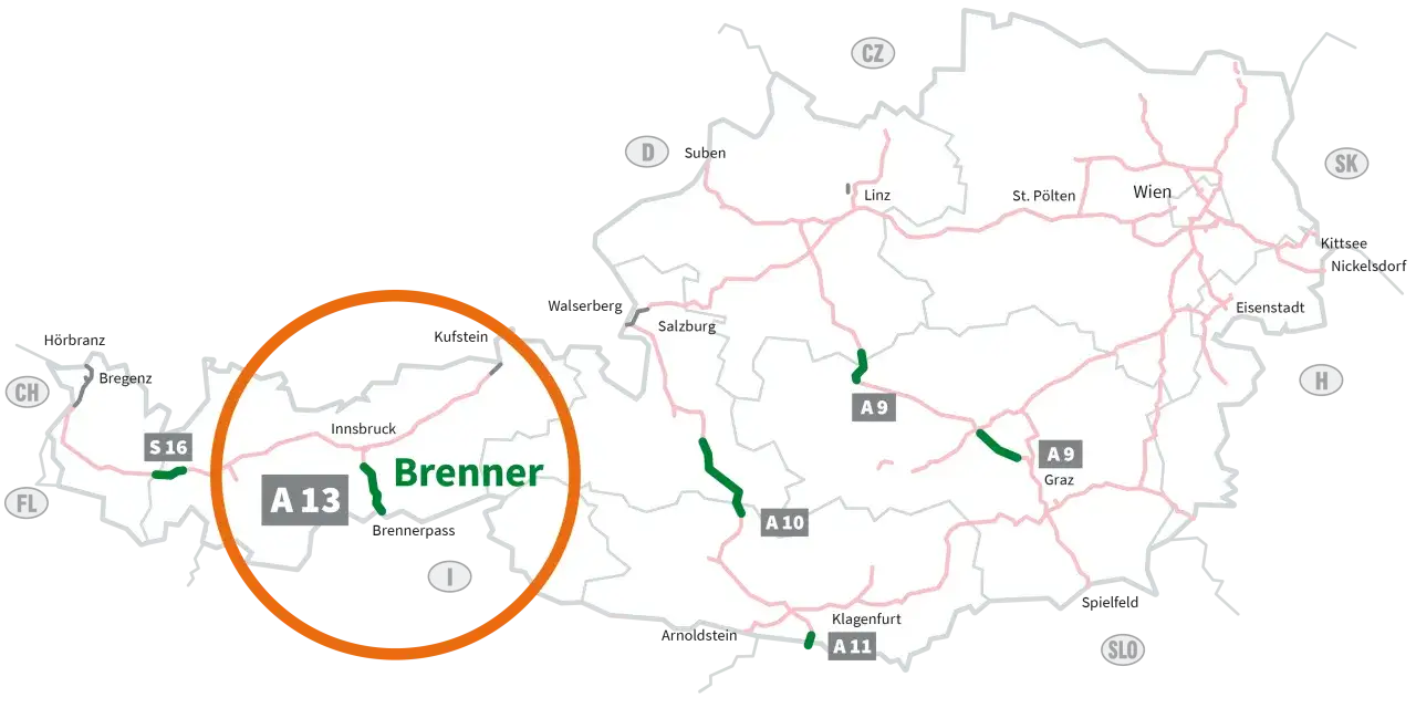 Mappa dell'Austria con autostrade evidenziate. Per andare a Innsbruck serve la vignetta per l'autostrada A13 del Brennero.