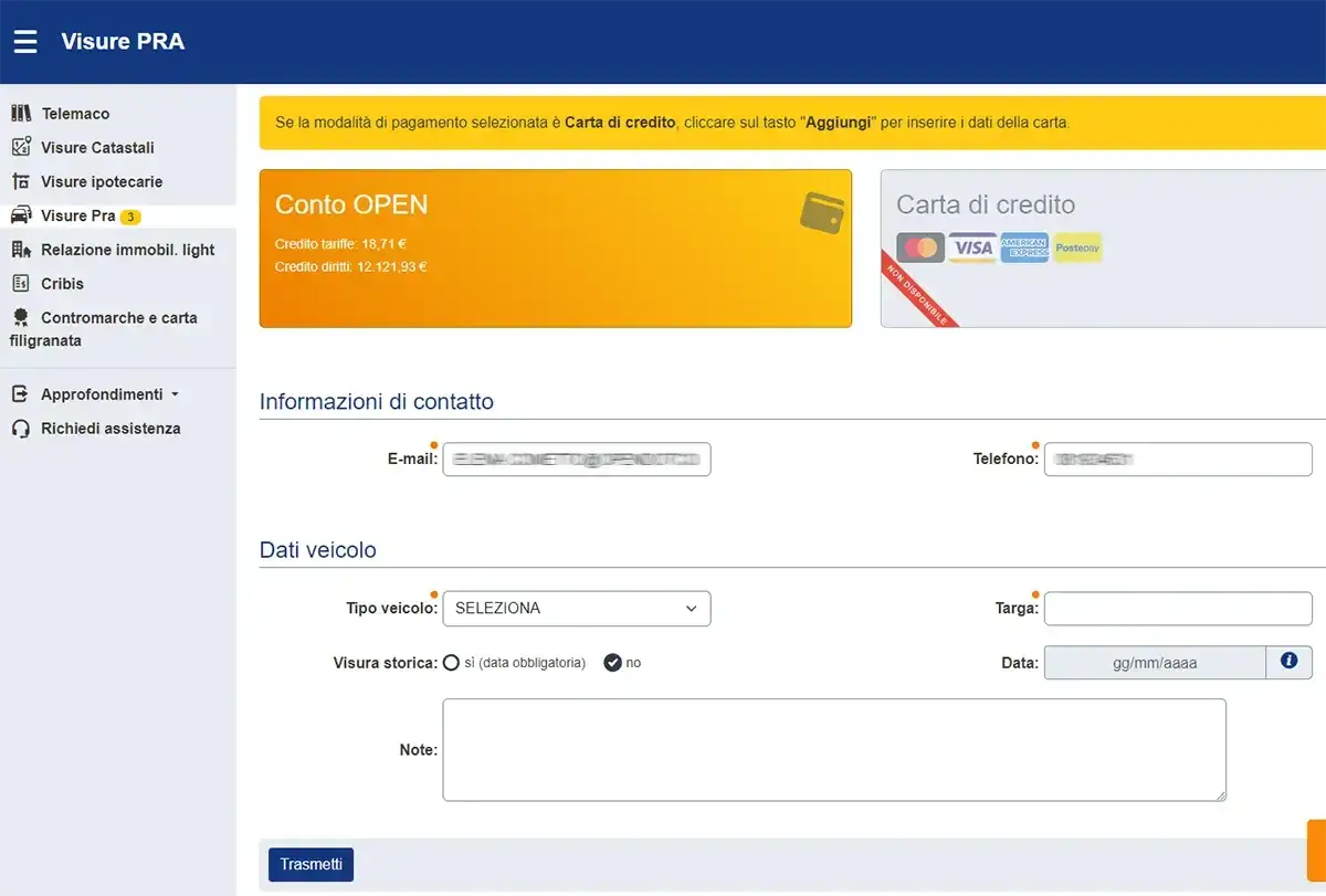 Pagina per richiedere visure auto. Inserisci dati veicolo, contatti e scegli tipo visura.