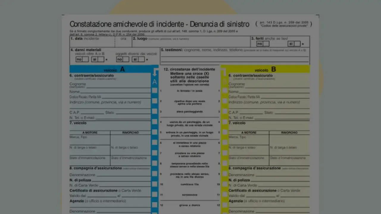 Modulo di constatazione amichevole di incidente. Il RCA significato è la polizza assicurativa obbligatoria per i veicoli a motore.