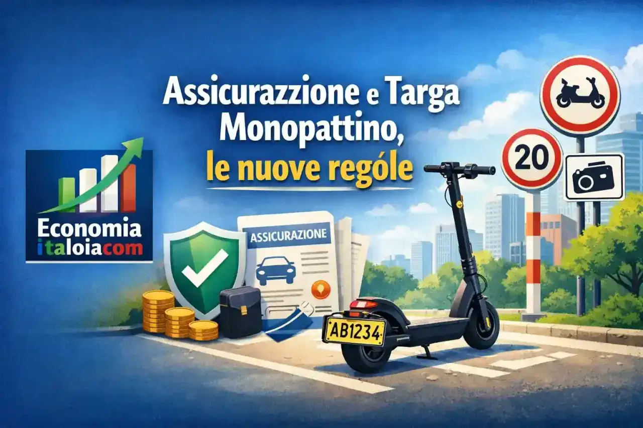Monopattino con targa e assicurazione: le nuove regole. Icone di denaro, scudo e documenti indicano l'obbligo assicurazione monopattino.