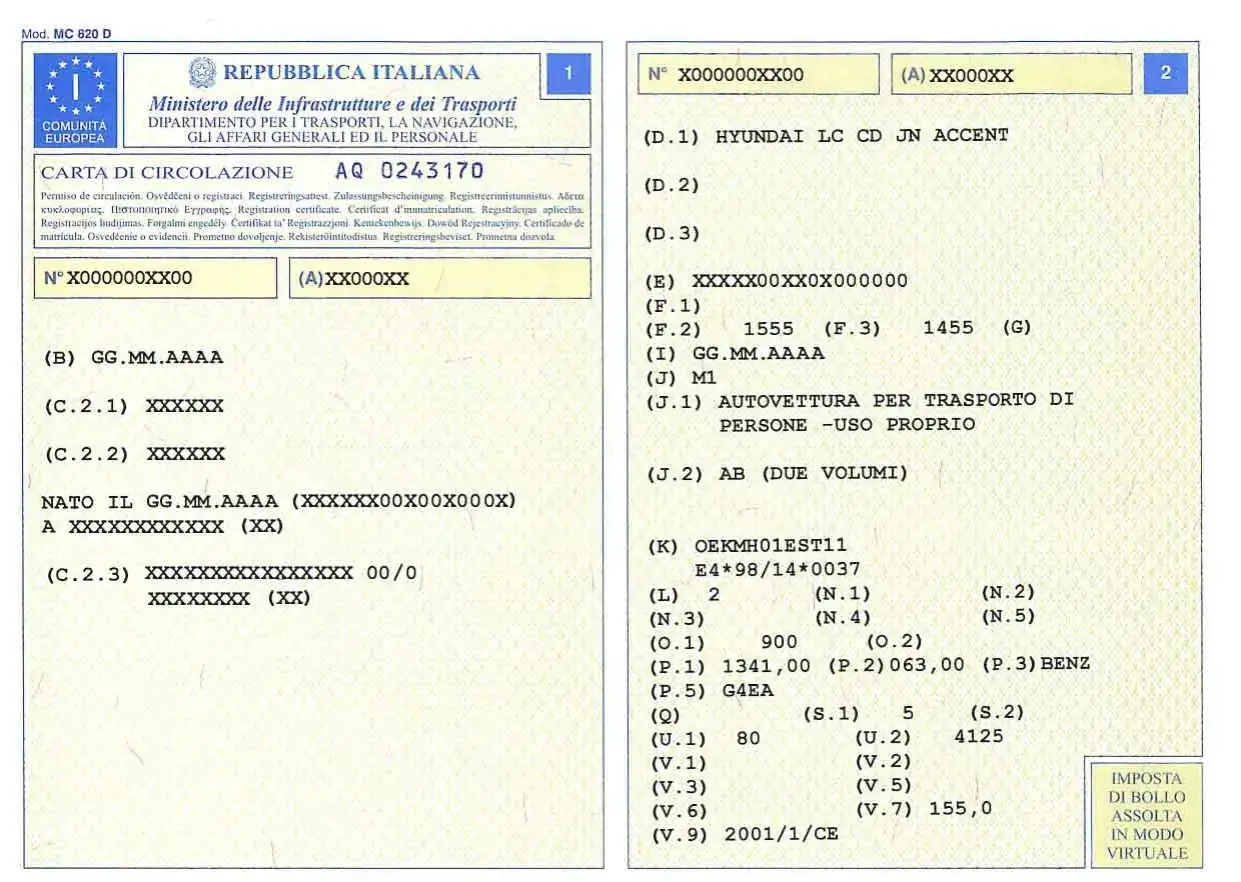 Carta di circolazione italiana con dati del veicolo, tra cui marca (HYUNDAI), modello (LC CD JN ACCENT) e tipo (AUTOVETTURA PER TRASPORTO DI PERSONE - USO PROPRIO). Questo documento è essenziale per capire cos'è il DUC dell'auto.
