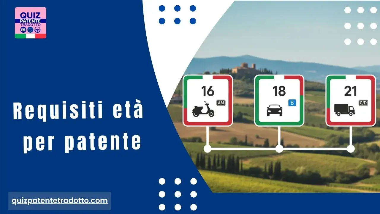 Età per tutte le patenti di guida: 16 per AM (scooter), 18 per B (auto), 21 per C/D (camion). Quiz patente tradotto.