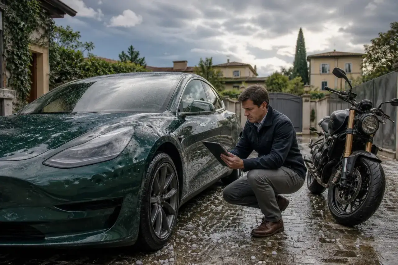 Uomo con tablet valuta danni da grandine su auto verde e moto. Un scoperto assicurativo da gestire.