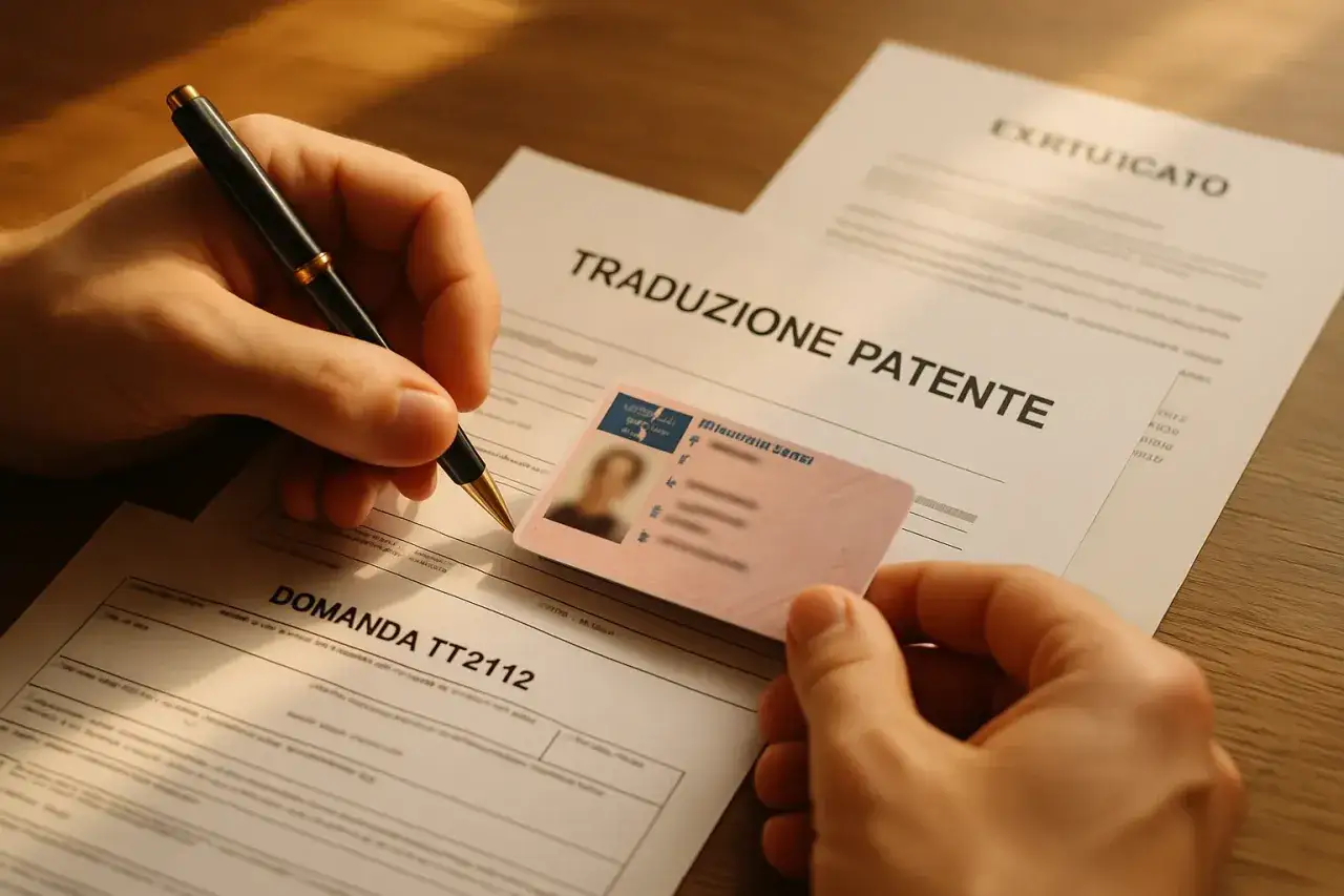 Mani che compilano moduli per la conversione patente, con un documento di identità in primo piano.