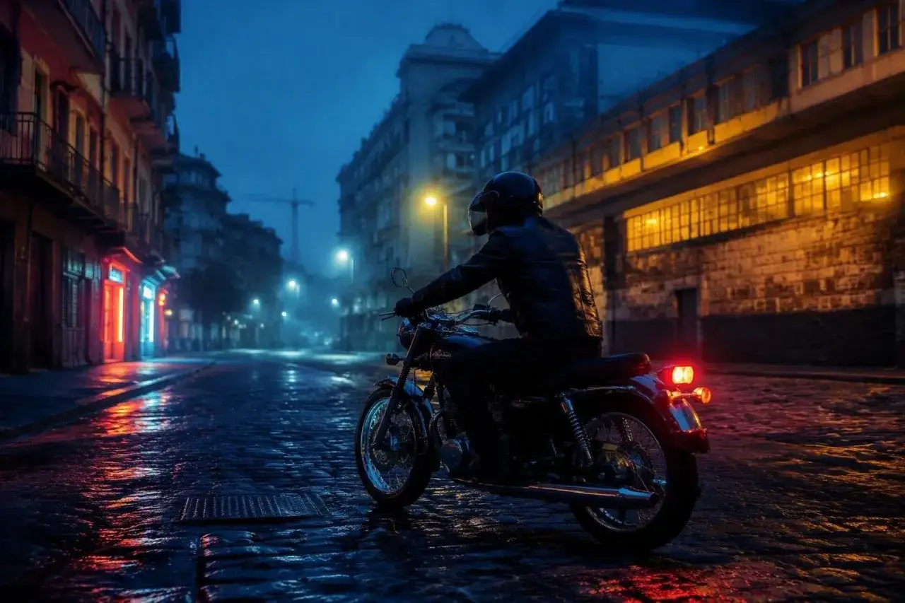 Motociclista con casco e giacca di pelle guida di notte su una strada bagnata e acciottolata, con luci al neon e lampioni che illuminano la scena. Si può guidare di notte con il foglio rosa a1.