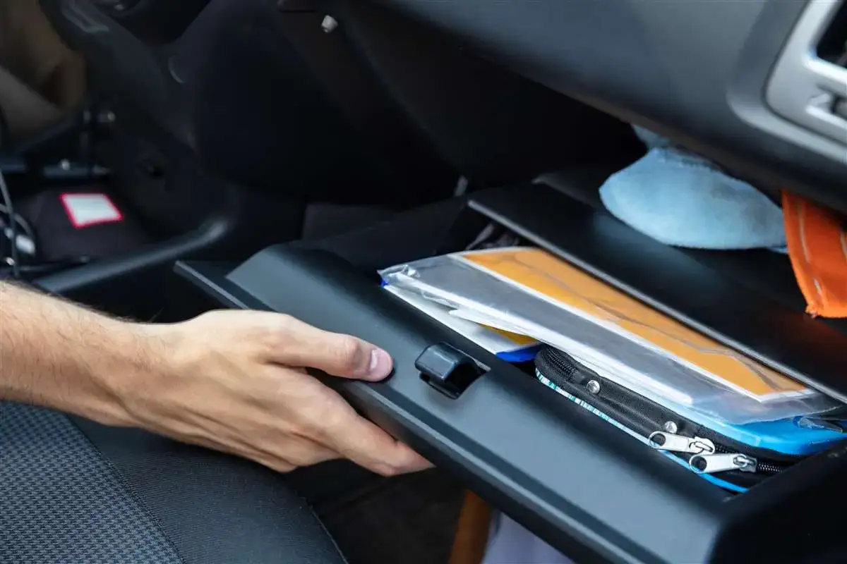Mano apre il portaoggetti dell'auto, rivelando documenti e una custodia. Forse la delega guida all'estero è lì dentro.