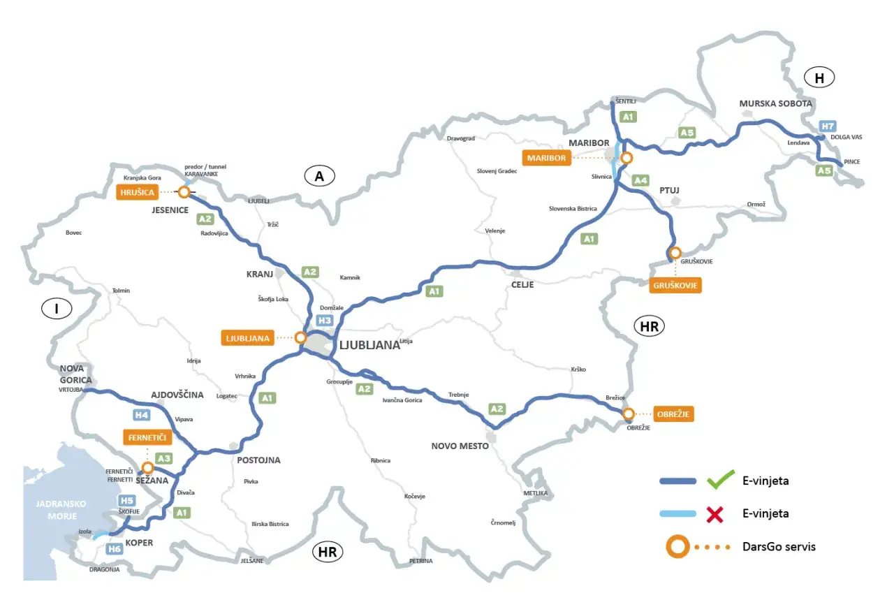 Mappa autostradale Slovenia: verifica quali tratti richiedono la vignetta elettronica (e-vinjeta) o il DarsGo servis.