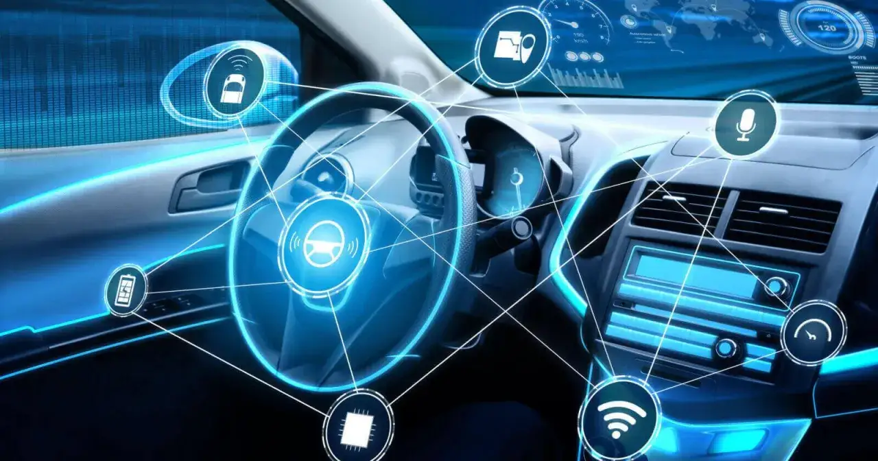 Interno auto futuristico con icone che illustrano le funzionalità ADAS: cosa sono? Assistenza alla guida, connettività e sicurezza.
