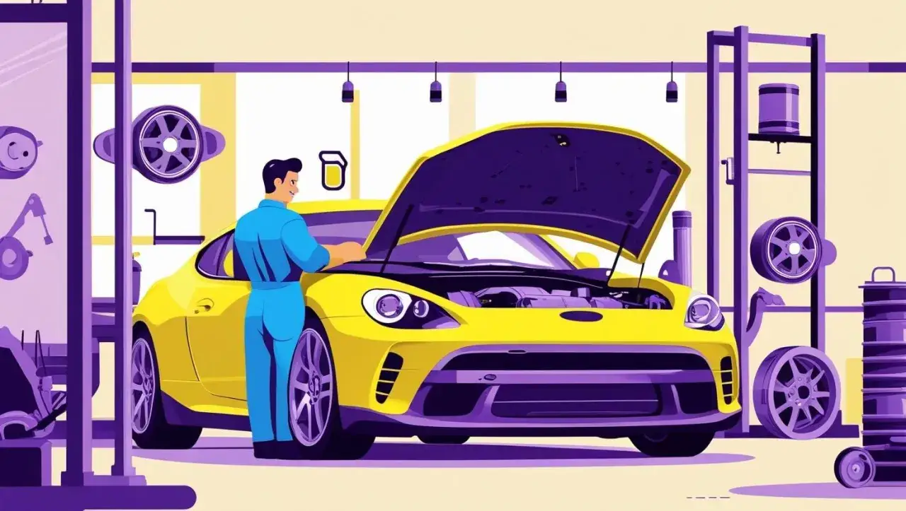 Meccanico controlla motore auto gialla con cofano aperto. È ora del tagliando obbligatorio, con ruote di scorta appese.