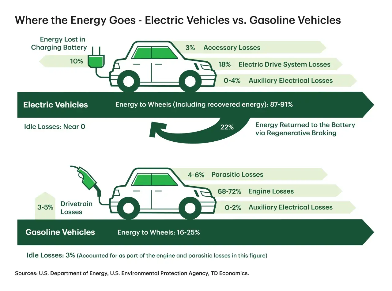 Confronto tra veicoli elettrici e a benzina: i veicoli elettrici hanno minori emissioni co2 grazie a una maggiore efficienza energetica.