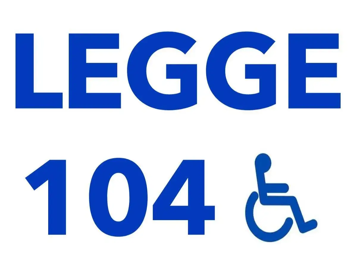 Legge 104: simbolo disabilità e testo che indica agevolazioni per passaggio di proprietà auto.