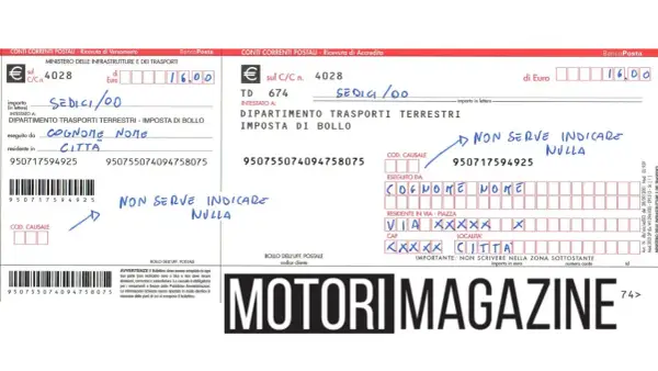 Bollettini patente B privatista: versamento imposta di bollo per pratiche auto. Importo 16,00 euro.